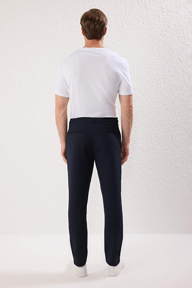 Lacivert Slim Fit Beli Bağlama Detaylı Lastikli Kumaş Dokuma Pantolon TMNAW25PL00027 - 5