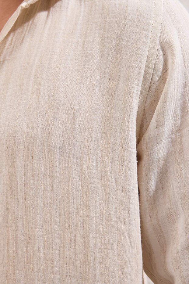 Bej Regular Fit Çizgili Nefes Alabilen Pamuklu Muslin Gömlek TMNSS25GO00015 - 3