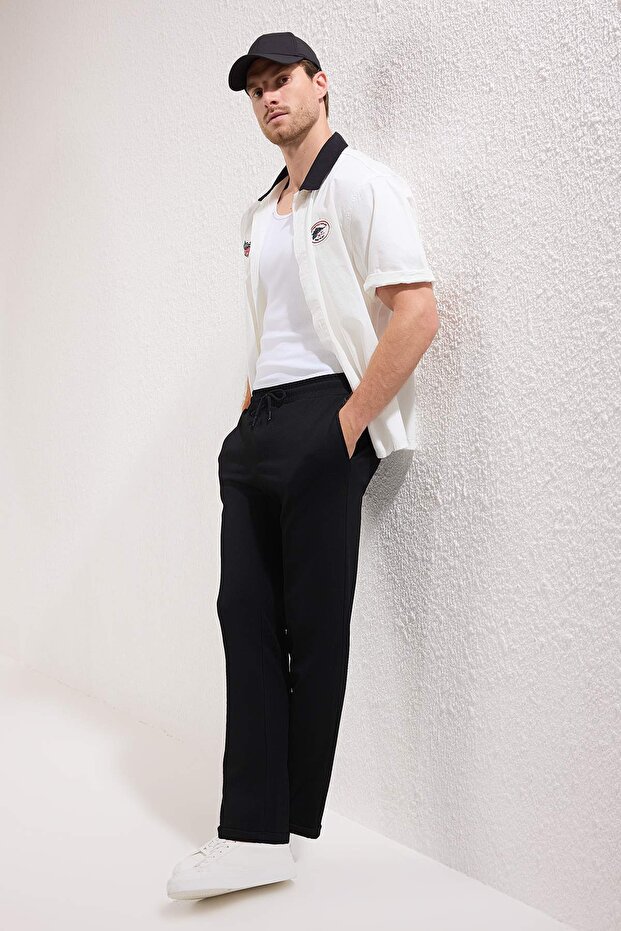 Siyah Regular Fit Örme Esnek Rahat Beli Bağlamalı Lastikli Duble Paça Pantolon TMNAW25PL00002 - 3