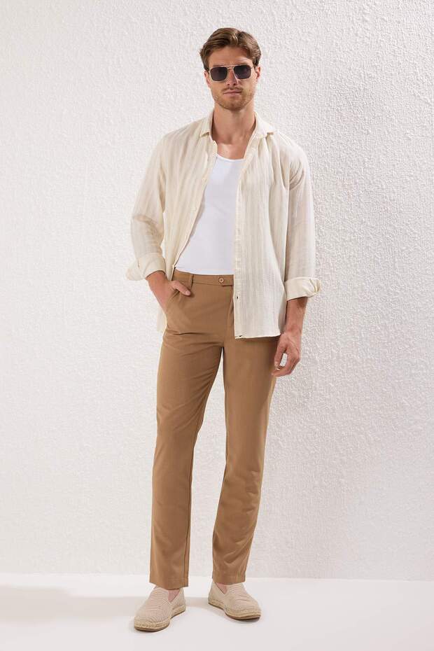 Beige Slim Fit Italian Cut Chino Fabric Pants Tmnaw23Pl00034