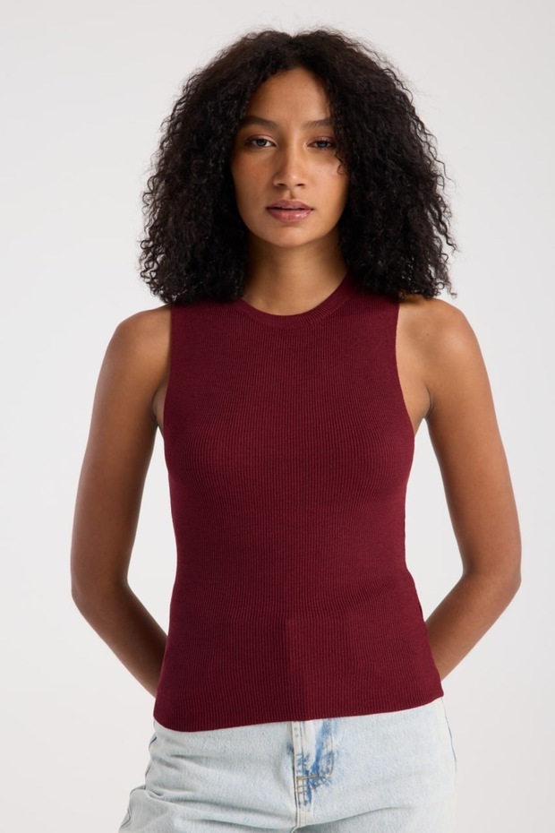 Basic Bordo Kolsuz Crop Kadın Triko - 1