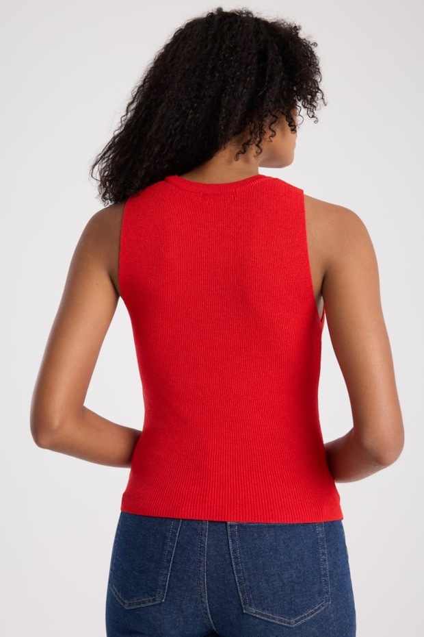 Basic Kırmızı Kolsuz Crop Kadın Triko - 5