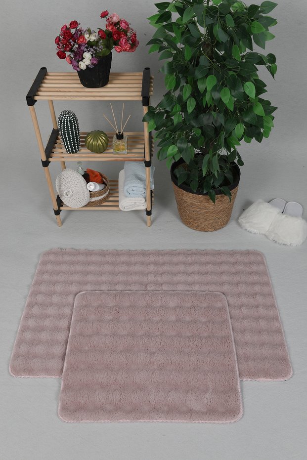 Modern bubble washable non-slip plush bath mat rug 2-piece toilet set 50x80-50x40cm pink