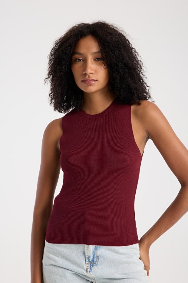 Basic Bordo Kolsuz Crop Kadın Triko - 4