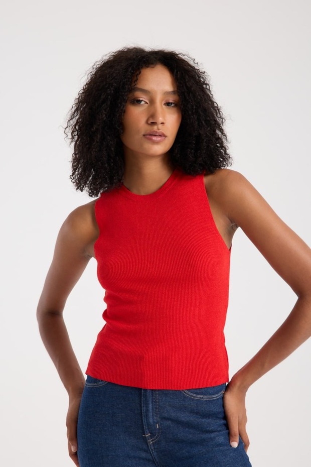 Basic Kırmızı Kolsuz Crop Kadın Triko - 2