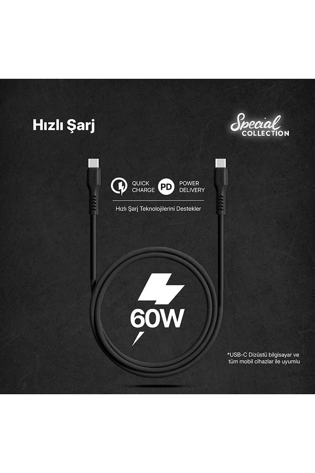 USB-C - USB-C 120cm 60W PD/QC Hızlı Şarj/Data Kablosu - 2