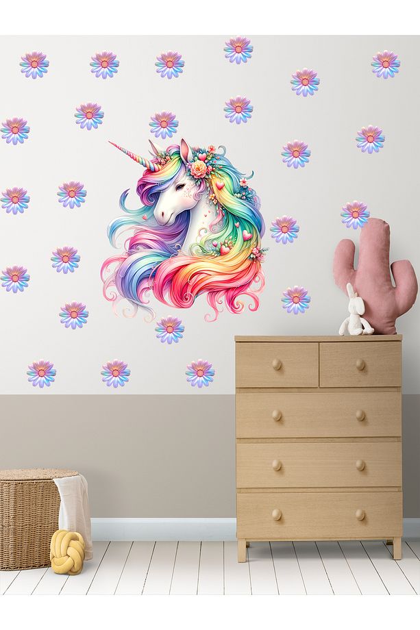 Unicorn ve Gökkuşağı Desenli Papatyalar Çocuk odası duvar süsü, Duvar sticker - 4