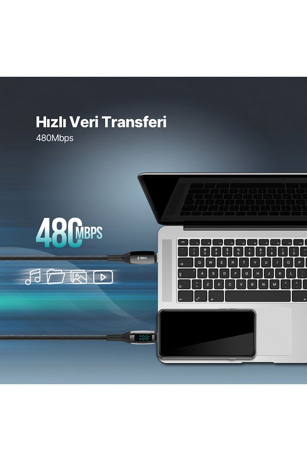 AlumiCable LCD USB-C – USB-C 100W PD/QC 150cm Hızlı Şarj/Data Kablosu ,Siyah - 5
