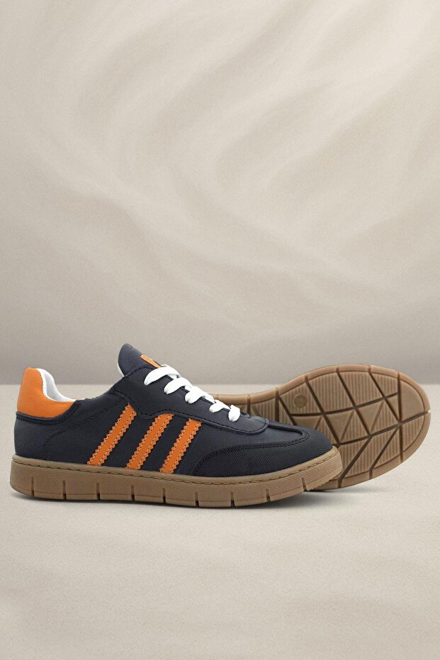 Genuine Leather Navy Blue Orange Lace up Zippered Children's Sneakers Shoes