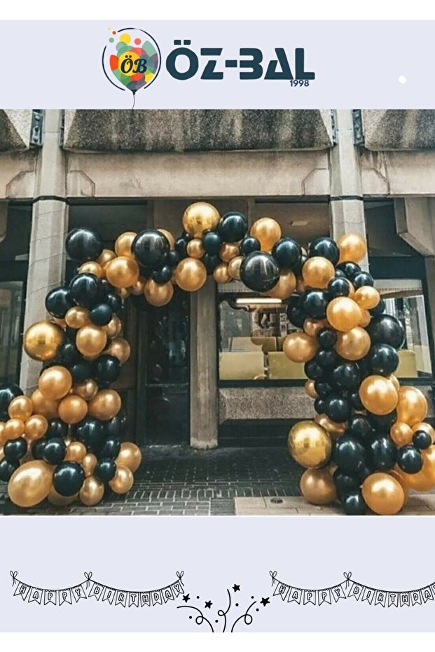 Öz-bal 50 Adet 12 Inç Parti Balonu Metalik Gold - Pastel Siyah + 5 Mt Balon Zinciri