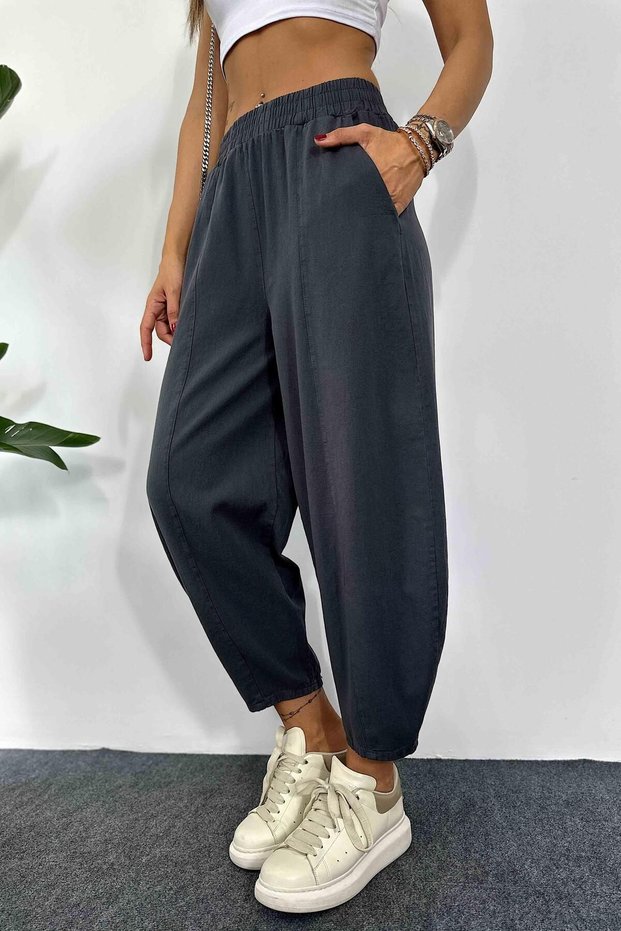 Women's Anthracite Shalwar Trousers Loose Fit Four Seasons Comfortable Cotton Elastic Waist Casual Model Gabardine