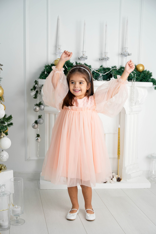 Girl's Embroidered Salmon Tulle Dress |   Birthday & Special Occasion Dress