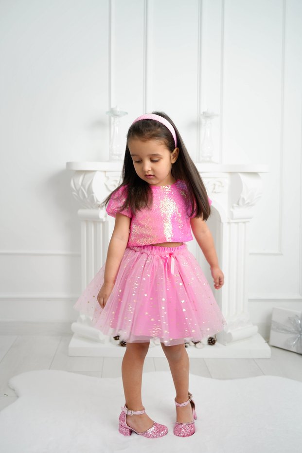3-8 Years Old Girl's Star Printed Tutu Skirt and Shiny Sequin Crop Set – Birthday Concept