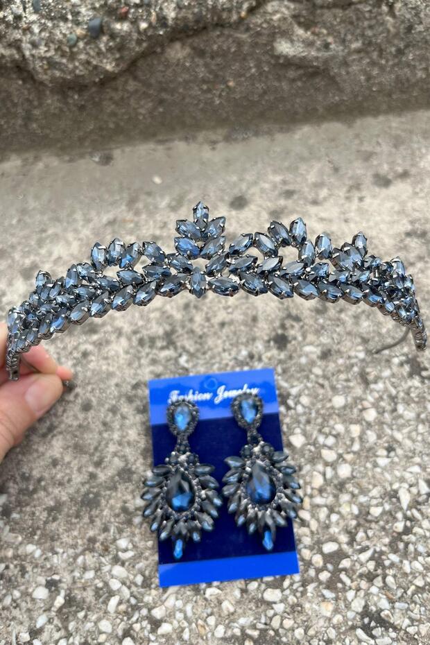 Alejandro Navy Blue Bridal Henna Crown Special Occasion Accessory Women's Crown and Wide Shuttle Earring Set