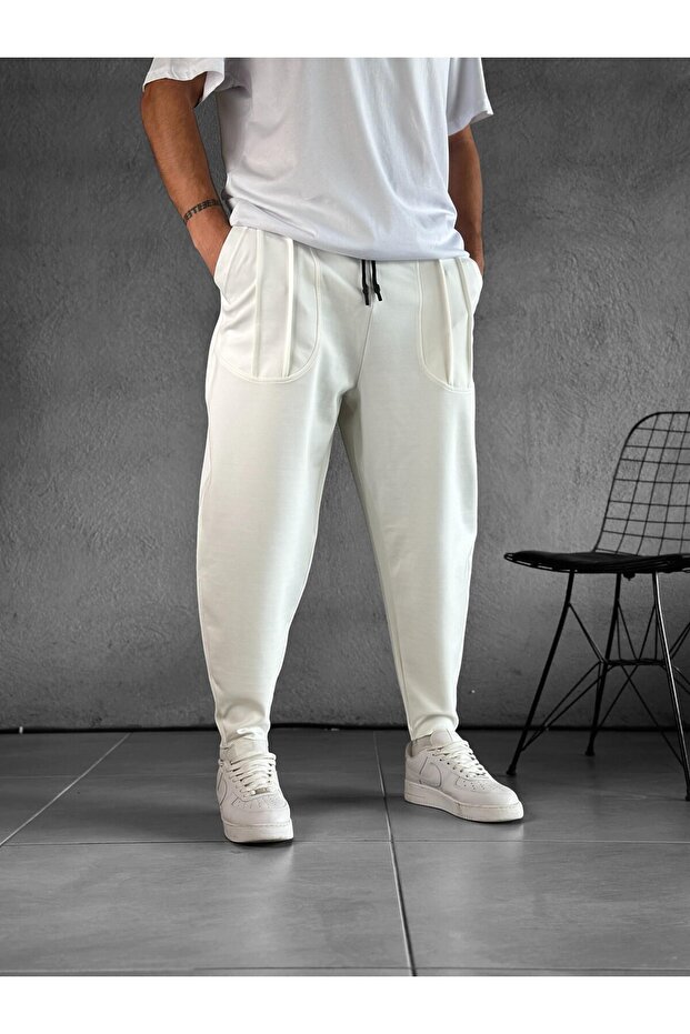 Men's Pocket Detail White Baggy-Cut Trousers COC2492
