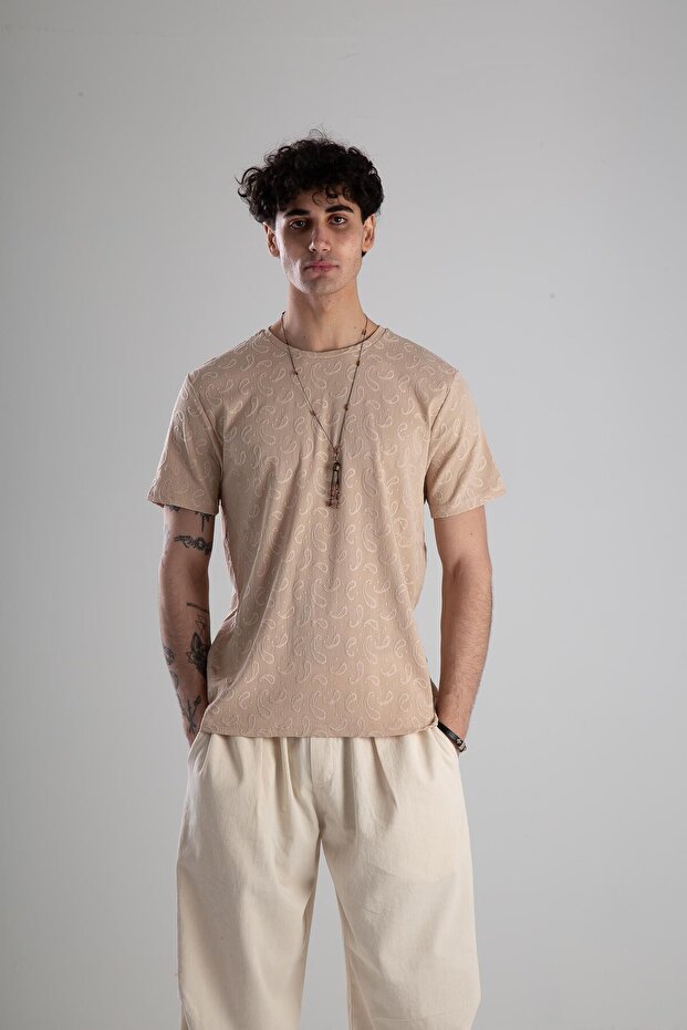 Jakarlı Krem Orme T-Shirt - 1
