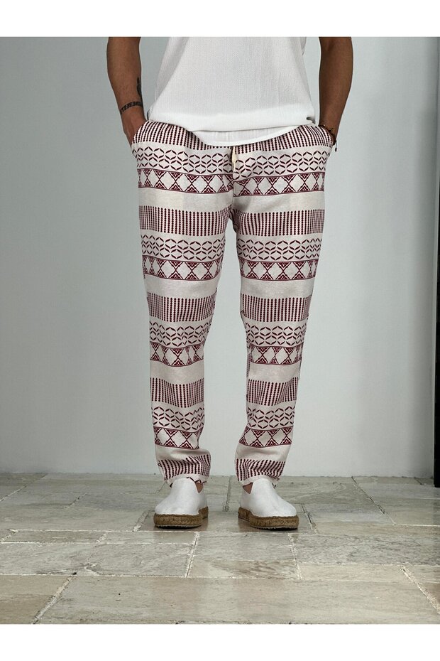 Men's Burgundy Ethnic Motif Relaxed Fit Linen Trousers Coc2228