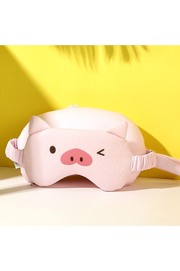 2-in-1 Sleep Mask with Headrest, Foam Particle Neck Pillow, Pig Model, Pink - 2