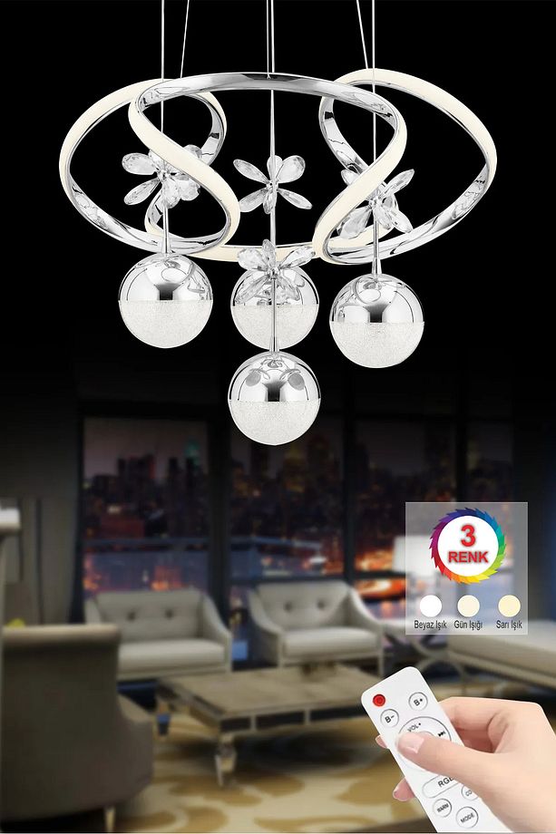 Modern Ledli 3 1 Krom Kaplamalı 3 Renk Dron Sarkıt Avize - 1