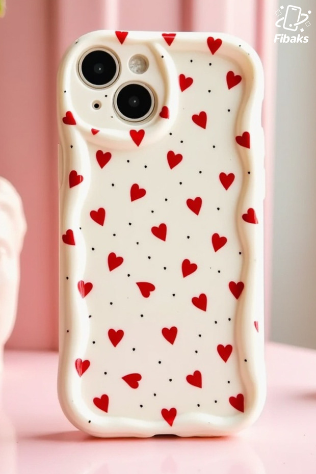 iPhone 14 Plus / 15 Plus Case Camera Protected Wave Edge Red Heart Pattern Silicone - 2