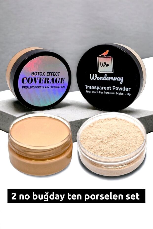 Intensive Coverage Porcelain Foundation & Transparent Powder Set No:2 Wheat Skin Sponge and Eye Liner