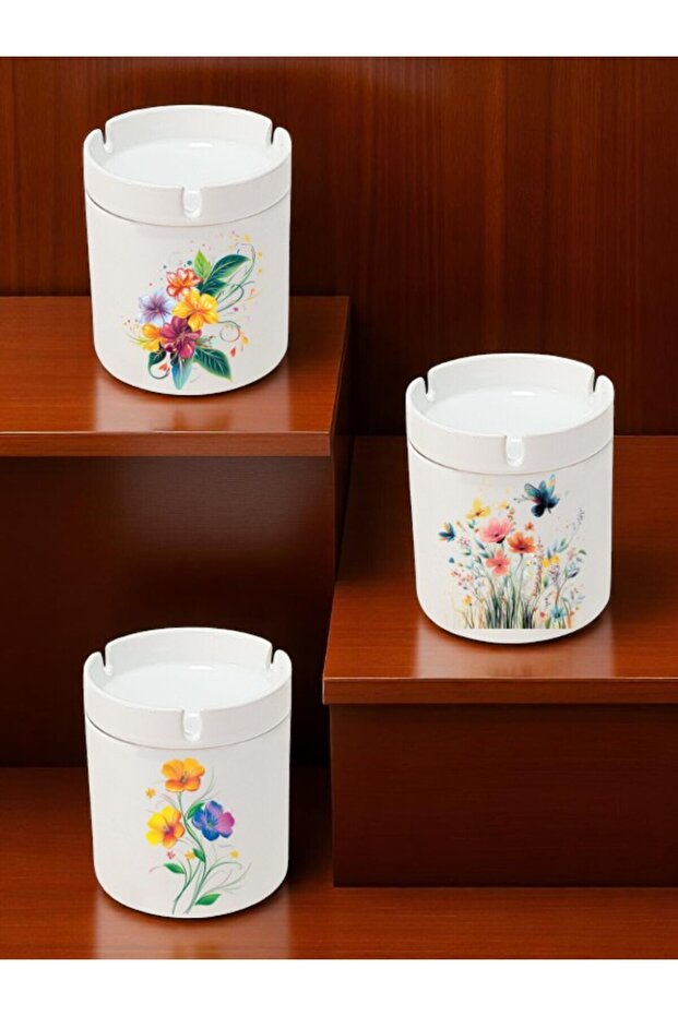 Flower Printed 3-Piece Ceramic Ashtray Ash Tray - Birthday Gift for Men and Women