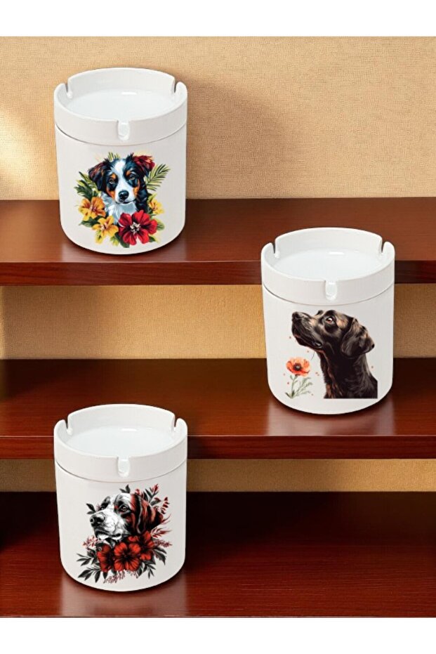 Dog and Flower Printed 3-Piece Ceramic Ashtray Ash Tray - Birthday Gift for Men Women