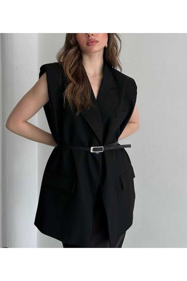 Astarlı Kemerli Düğmeli Oversize Yelek - 5
