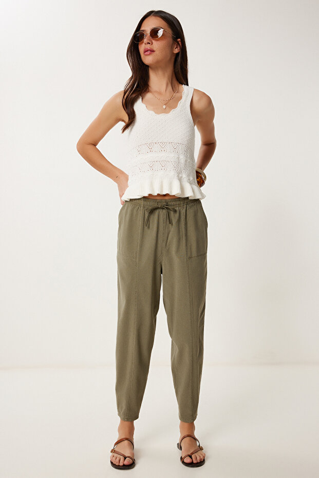 Striped Comfortable Linen Shalwar Trousers Khaki Lmx0080