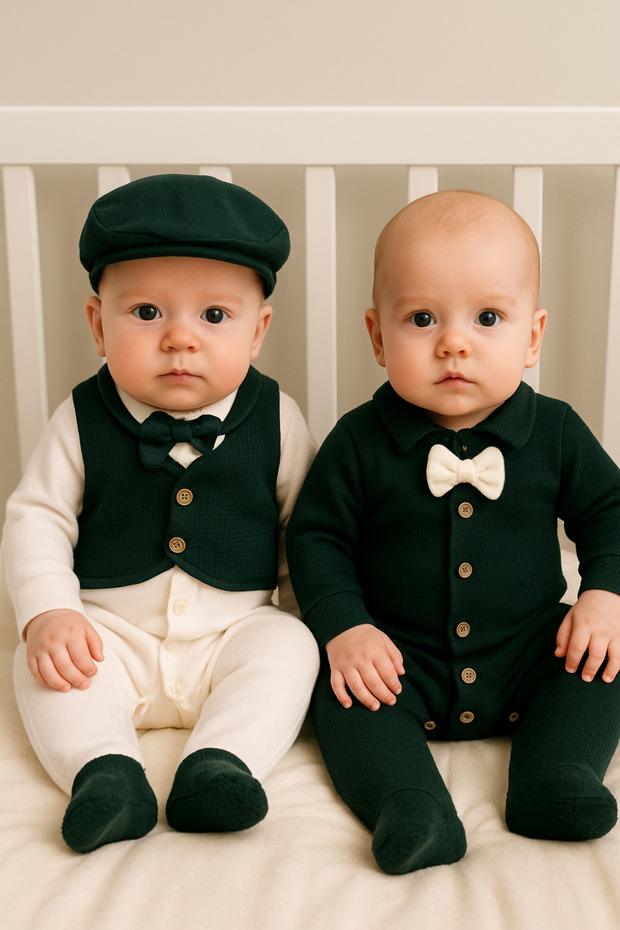 Waffle Fabric Bow Tie Newborn Baby Boy Double Jumpsuit Set