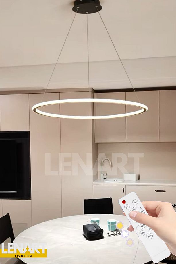 Halka Model Çift Kasa Yüksek Aydınlatmalı Sarkıt Led Avize, Kumandalı, 3 Renk Aydınlatmalı Avize - 3