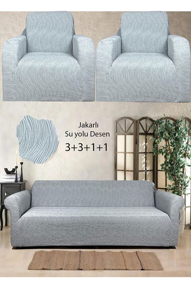 Koltuk Örtüsü Lastikli Jakarlı 3 3 1 1 Likralı Koltuk Kanepe Takımı - 7