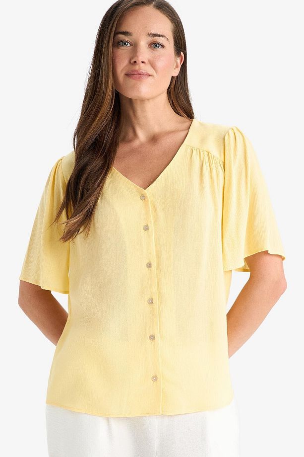 Regular Fit V Yaka Krinkıl Viskon Kısa Kollu Gömlek F0996ax25sm - 4
