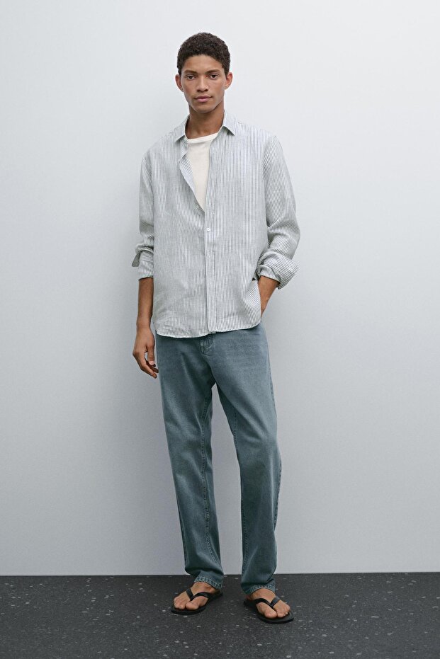 Regular fit çizgili keten gömlek - 1