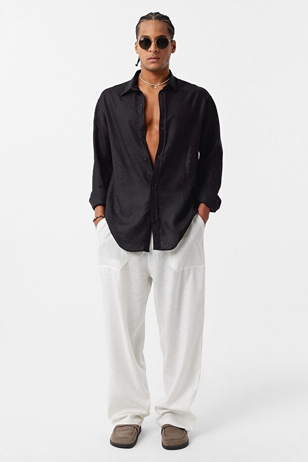 Basic Oversize Long Sleeve Linen Shirt Black