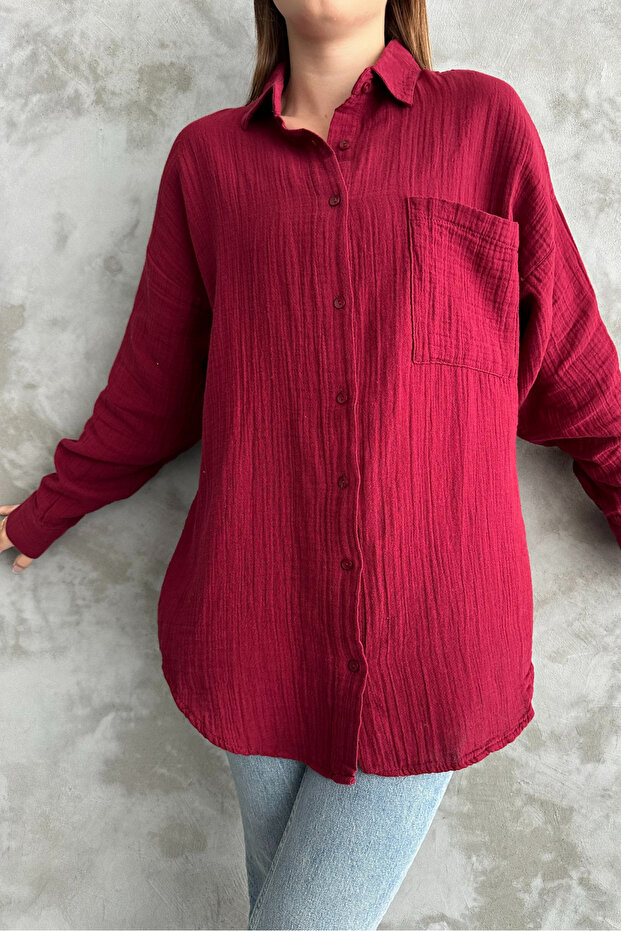 Kadın Bordo Oversize Basic Pamuk Gömlek - 2
