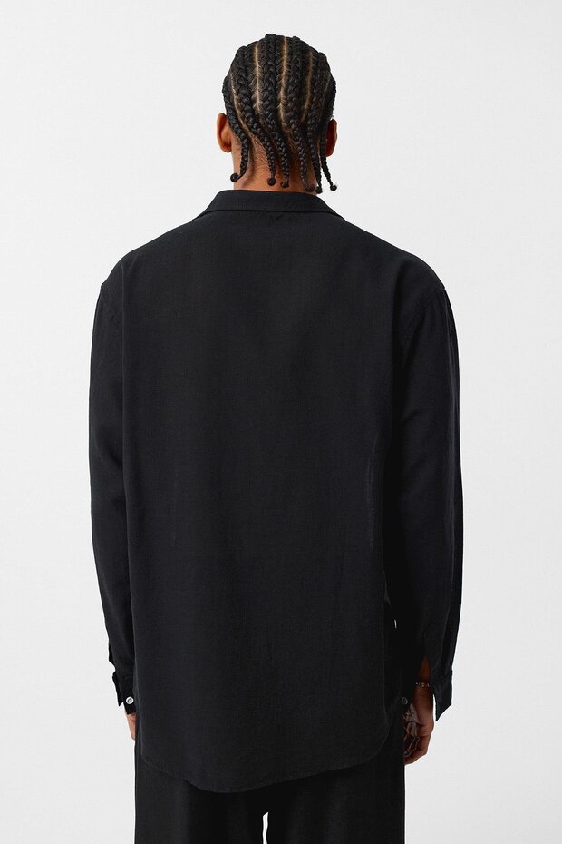 Basic Oversize Pamuk Keten Gömlek Siyah - 6