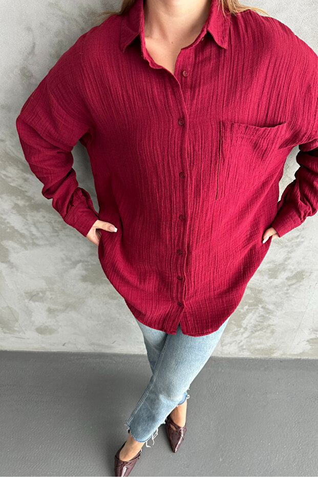 Kadın Bordo Oversize Basic Pamuk Gömlek - 5