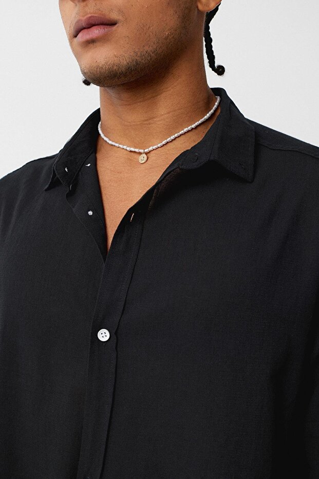 Basic Oversize Pamuk Keten Gömlek Siyah - 7