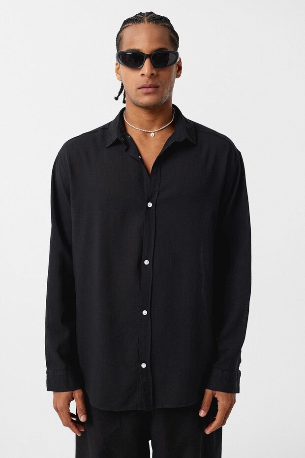 Basic Oversize Pamuk Keten Gömlek Siyah - 4