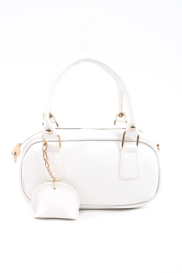 White Shk207 Faux Leather Charm Detailed Zippered Hand, Arm and Shoulder Bag with Strap