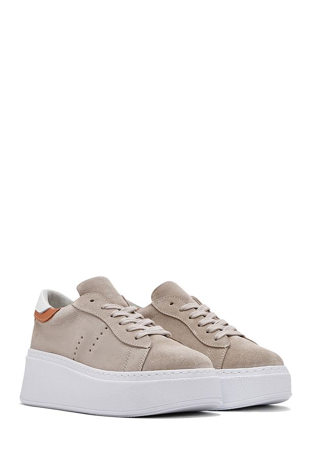 Kadın Bej Bağcıklı Kalın Tabanlı Süet Deri Sneaker 25SFD371510 - 3