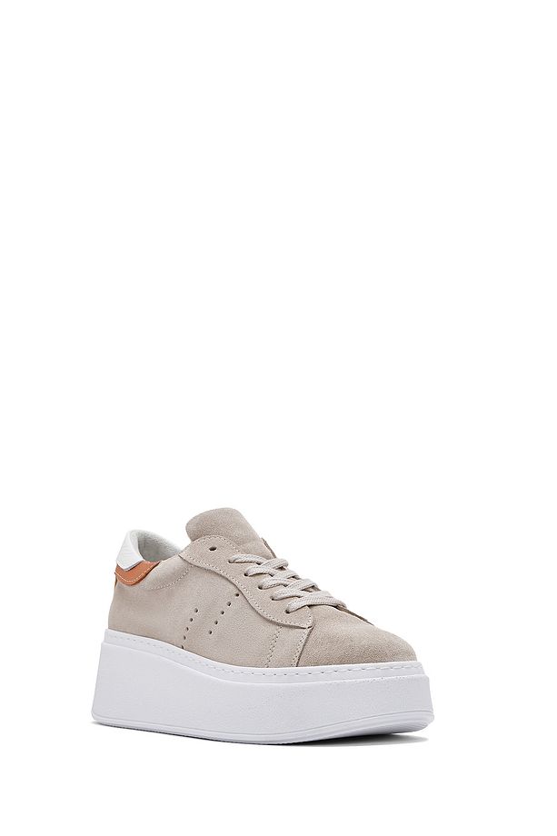 Kadın Bej Bağcıklı Kalın Tabanlı Süet Deri Sneaker 25SFD371510 - 6