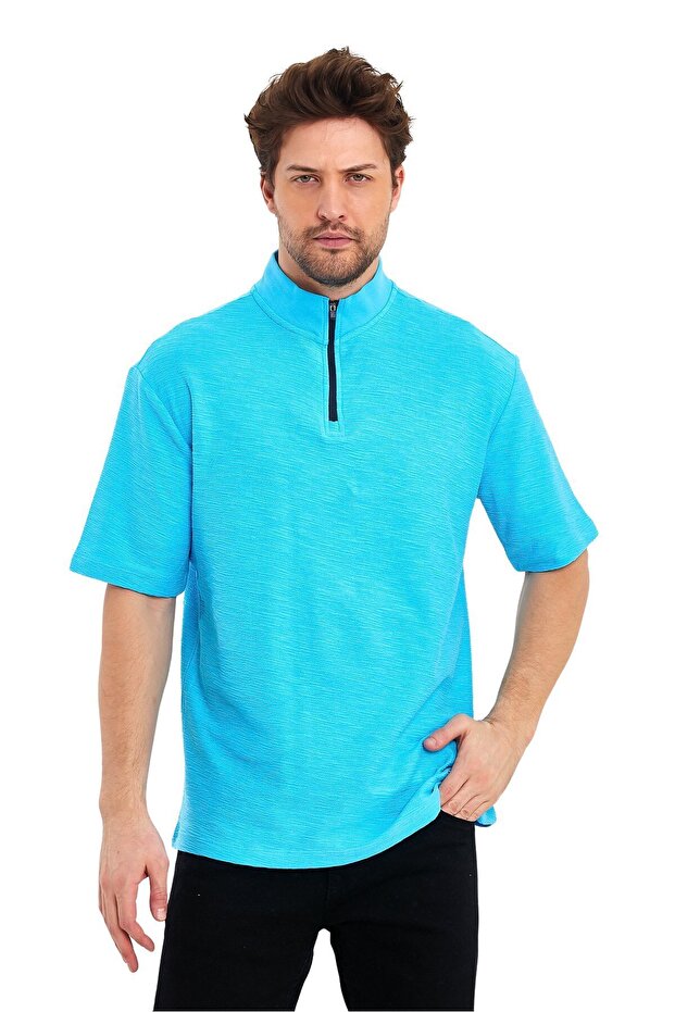 Jacquard Zippered High Collar Short Sleeve Oversize Men's T-Shirt