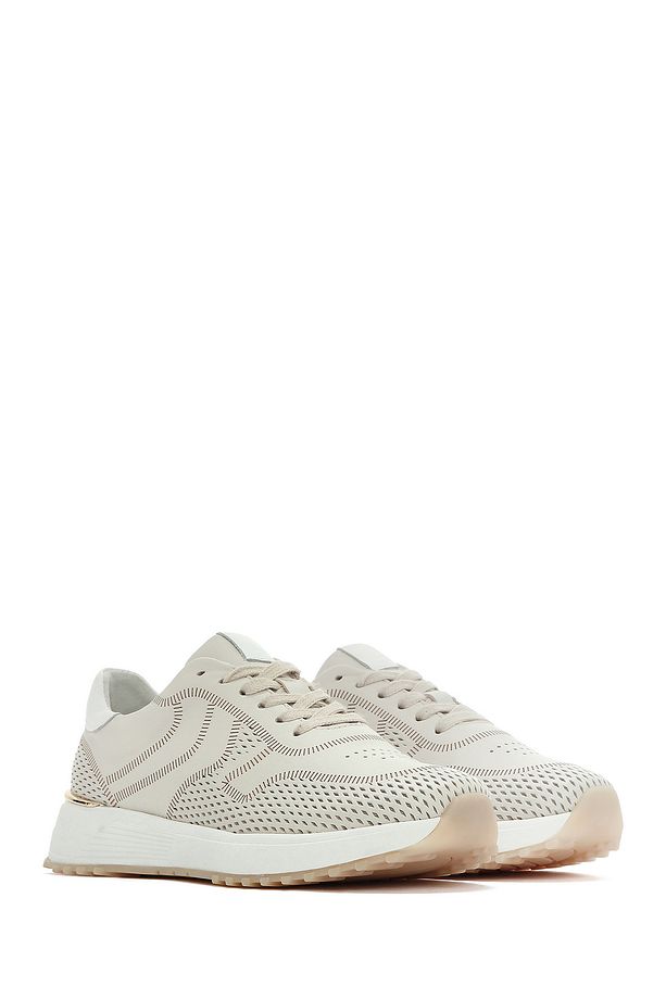 Kadın Krem Bağcıklı Kalın Tabanlı Deri Sneaker 25SFD372014 - 3