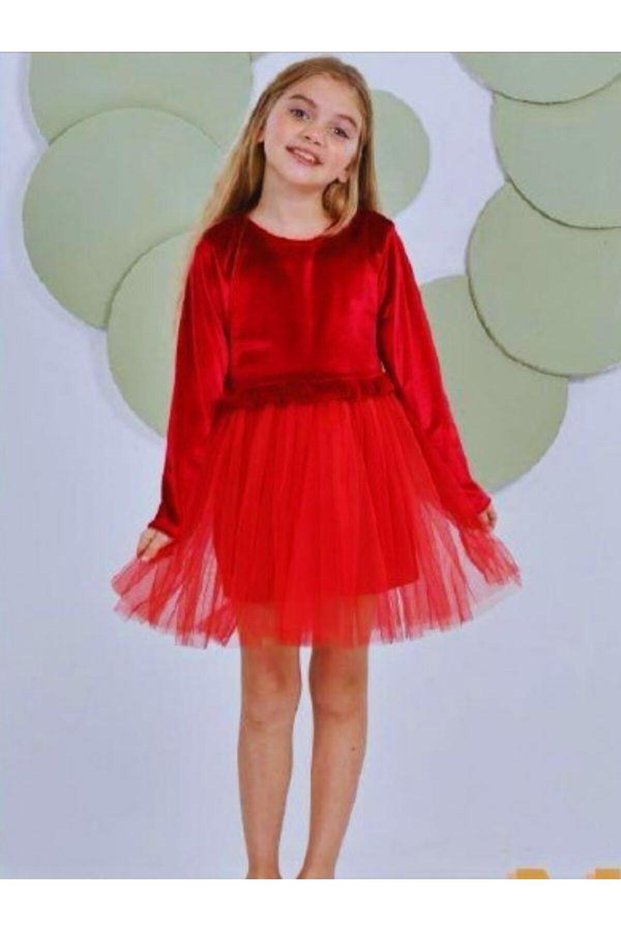 Girls' Velvet Dress with Gathered Waist and Six Tulle