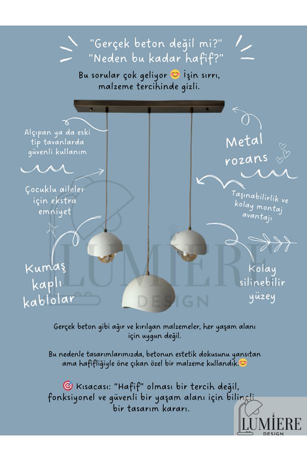 Beton Görünümlü İskandinav Bohem 3’lü Sarkıt Avize - Yemek Masası Salon Avize + Ampul Dahil - 5