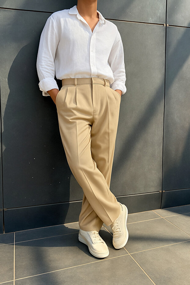 Men's Beige Color Pleated Lycra Comfortable Fit Baggy Fabric Trousers