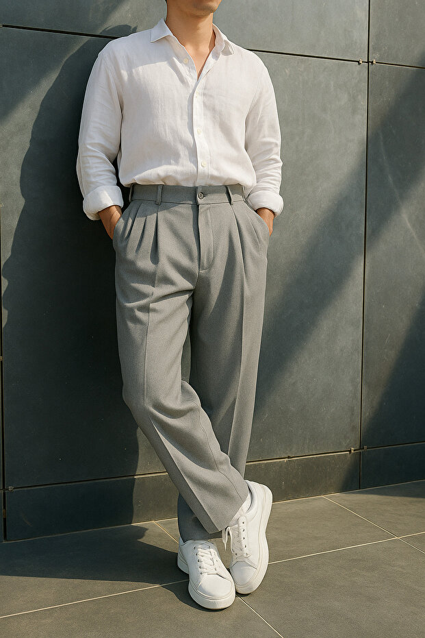 Men's Gray Color Pleated Lycra Comfortable Fit Baggy Fabric Trousers