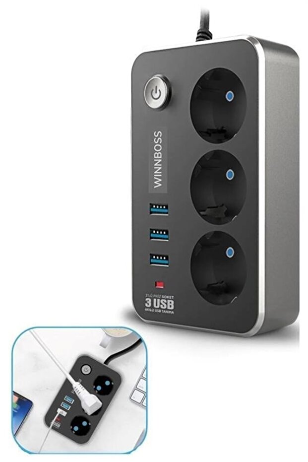 2500W 10A 3Power Socket 3Usb 2.1A Group Socket with 2Mt Extension Cable for Office Home Office Summer